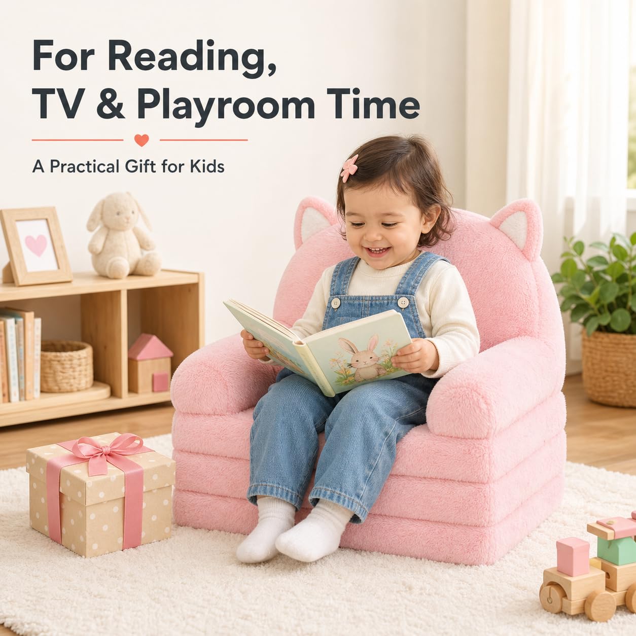 MONKISS Kids Couch, Comfy Toddler Chair, 2 in 1 Fold Out Kids Sofa, Baby Sitting Chair with Washable Cover, Toddler Furniture for Reading, TV and Playroom, Birthday Gift for Girls, 1-4 Years Old, Pink