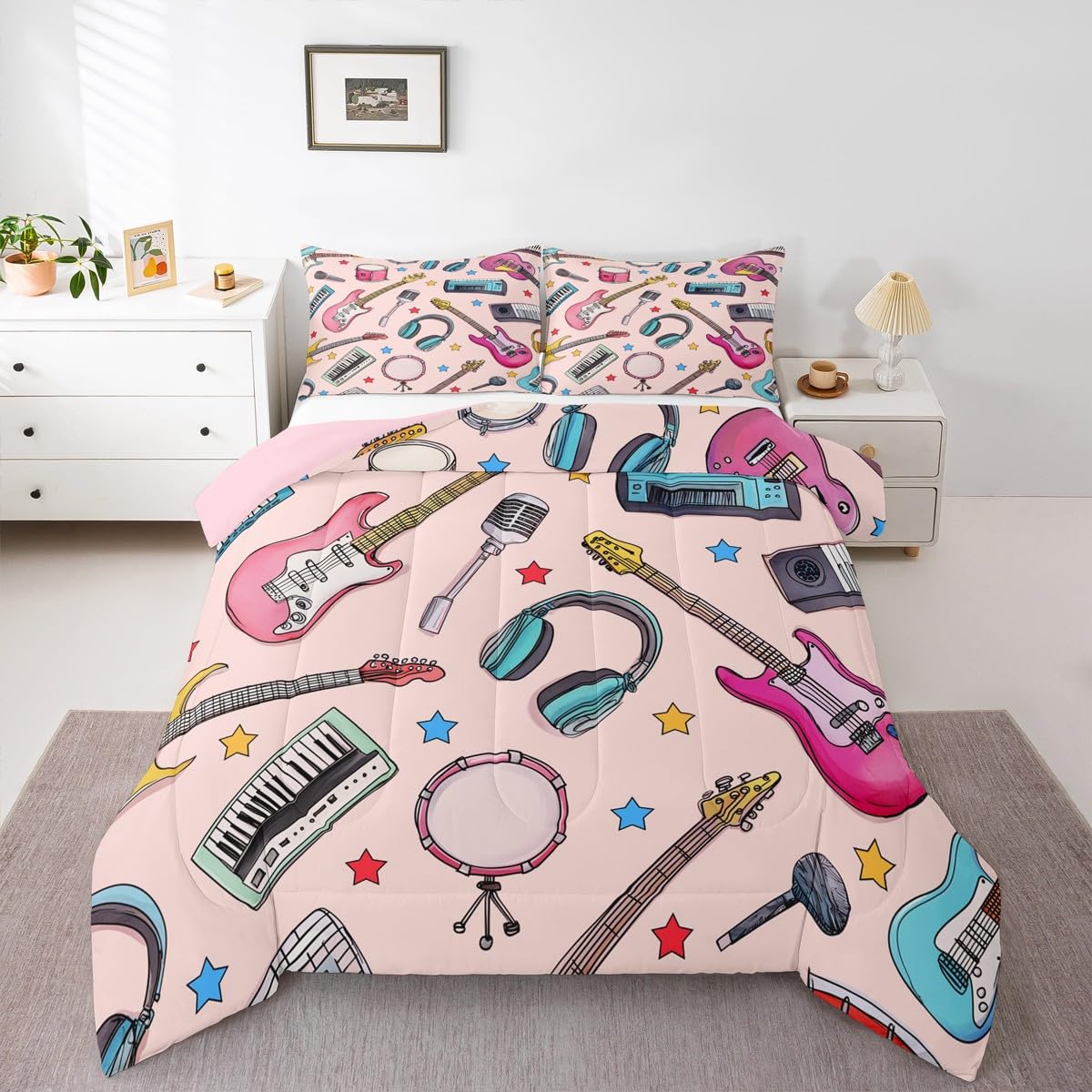 Erosebridal Rock Music Bedding Set Queen Musical Instruments Comforter Set for Kids Boys Girls Microphone Headphones Keyboard Down Comforter,Music Lovers Quilt Duvet