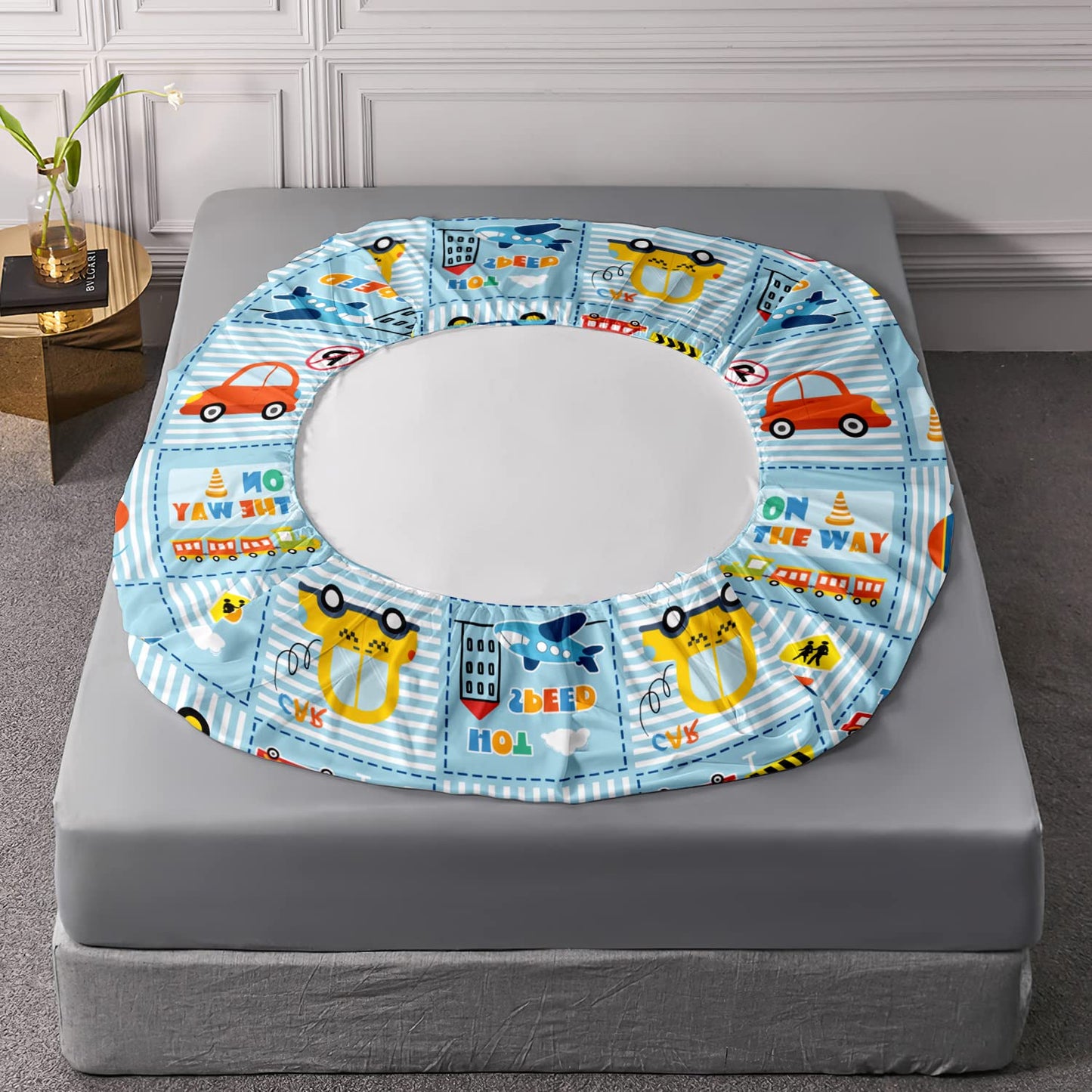 HOSIMA Cartoon Car Kids Fitted Sheet Sets for Girls Boys Room Decor,Transportations Submarine Motorcycle Airplane Pattern Bedding Sets Queen Size,Soft Light Blue Fitted Sheet Set.