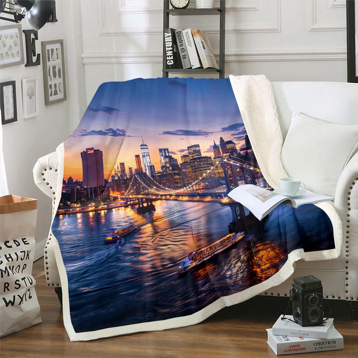 New York City Throw Blanket Cityscape Bed Blanket 50"x60",Manhattan Skyline Fleece Blanket Bridge Sunset Scenery Plush Blanket City Lights Couch Sofa Decor for Boys Girls Youth