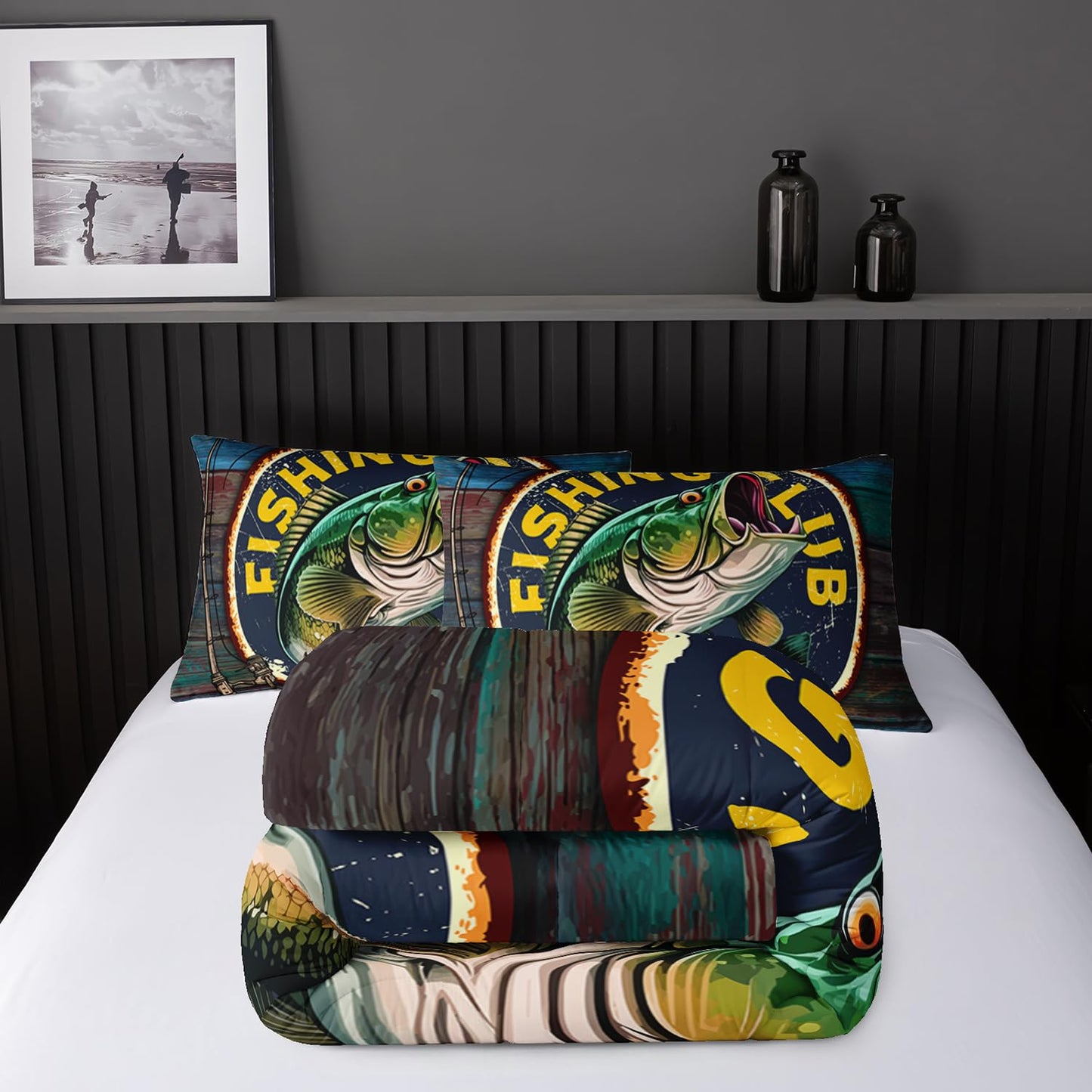 Nttopship Big Pike Fish Bedding, Bass Fishing Comforter Set Hunting and Fishing Themed Comforter Set for Kids Boys Room Decor, Twin Bed in a Bag for Teens with 2 Pillowcases