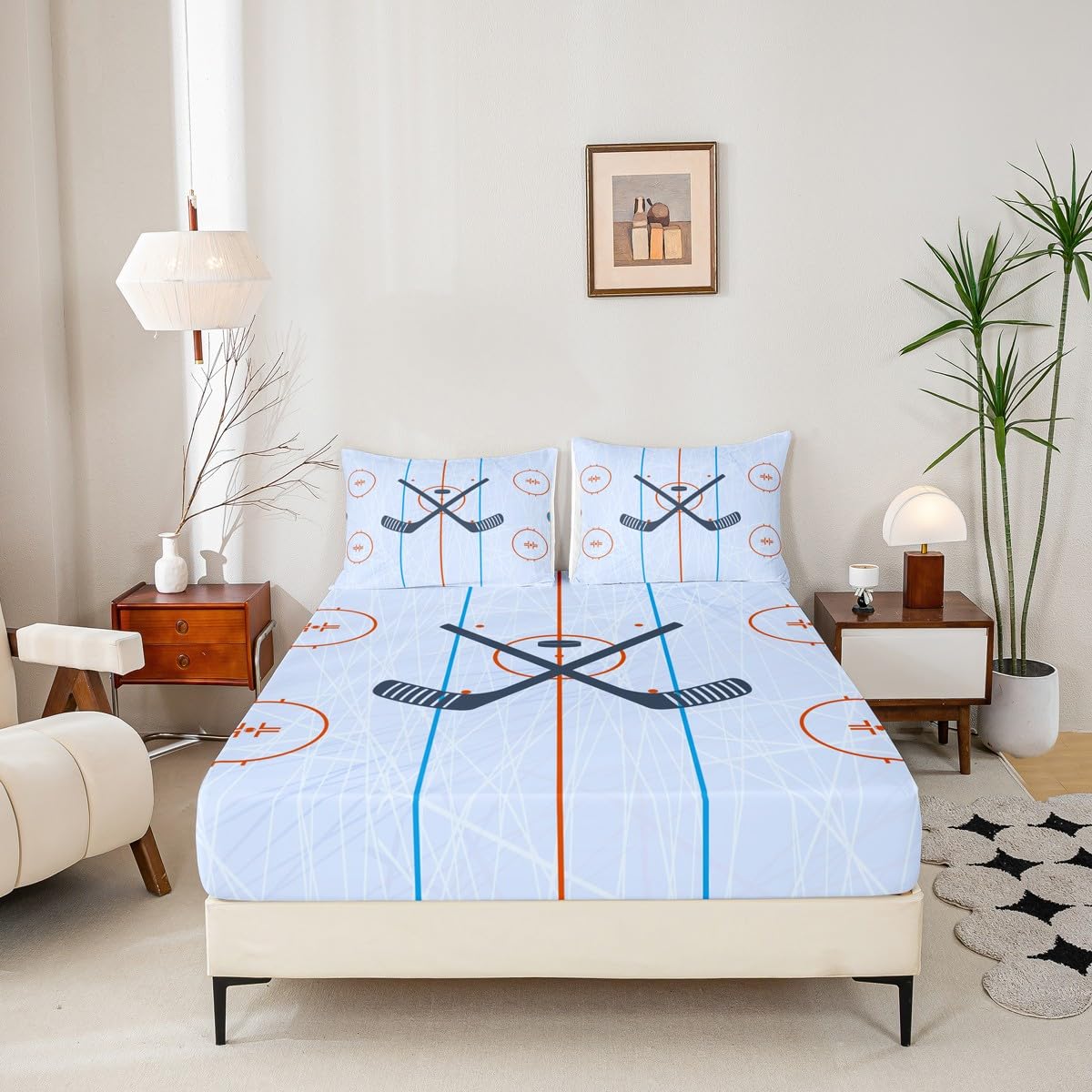 Ice Hockey Kids Sheet Full Size,Hockey Stadium Rink Bedding Set for Boys Girls Adults,Winter Event Ball Games Lovers Modern Stylish Bed Sheet Set 4pcs(Fitted Sheet + Flat Sheet + 2 Pillowcases)