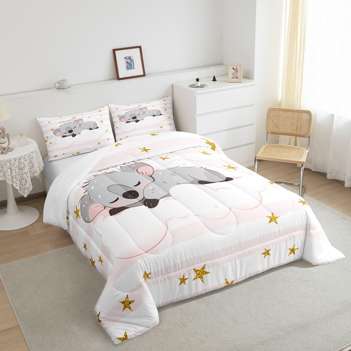 Manfei Cute Koala Comforter Set Twin Size, Cartoon Animal Quilt Set with 1 Pillowcase, Pink White Stripe Print Bedding Set 2pcs for Kids Girls Bedroom Decor, Gold Star Print Duvet Set