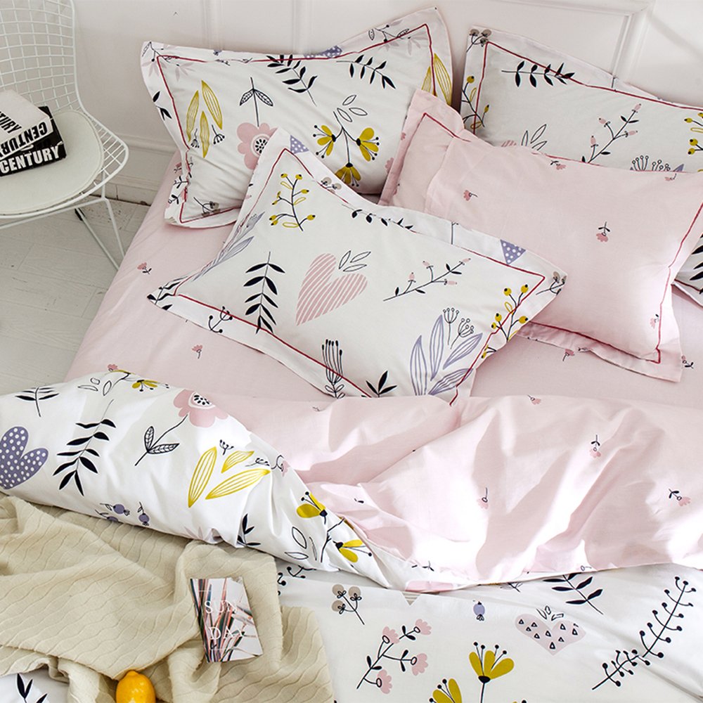 BuLuTu Floral Love Print Girls Duvet Cover Full White/Pink Cotton Premium Blossom Kawaii Reversible Kids Bedroom Comforter Cover Queen Duvet Cover for Toddler,Teen,Lightweight,Zipper Closure