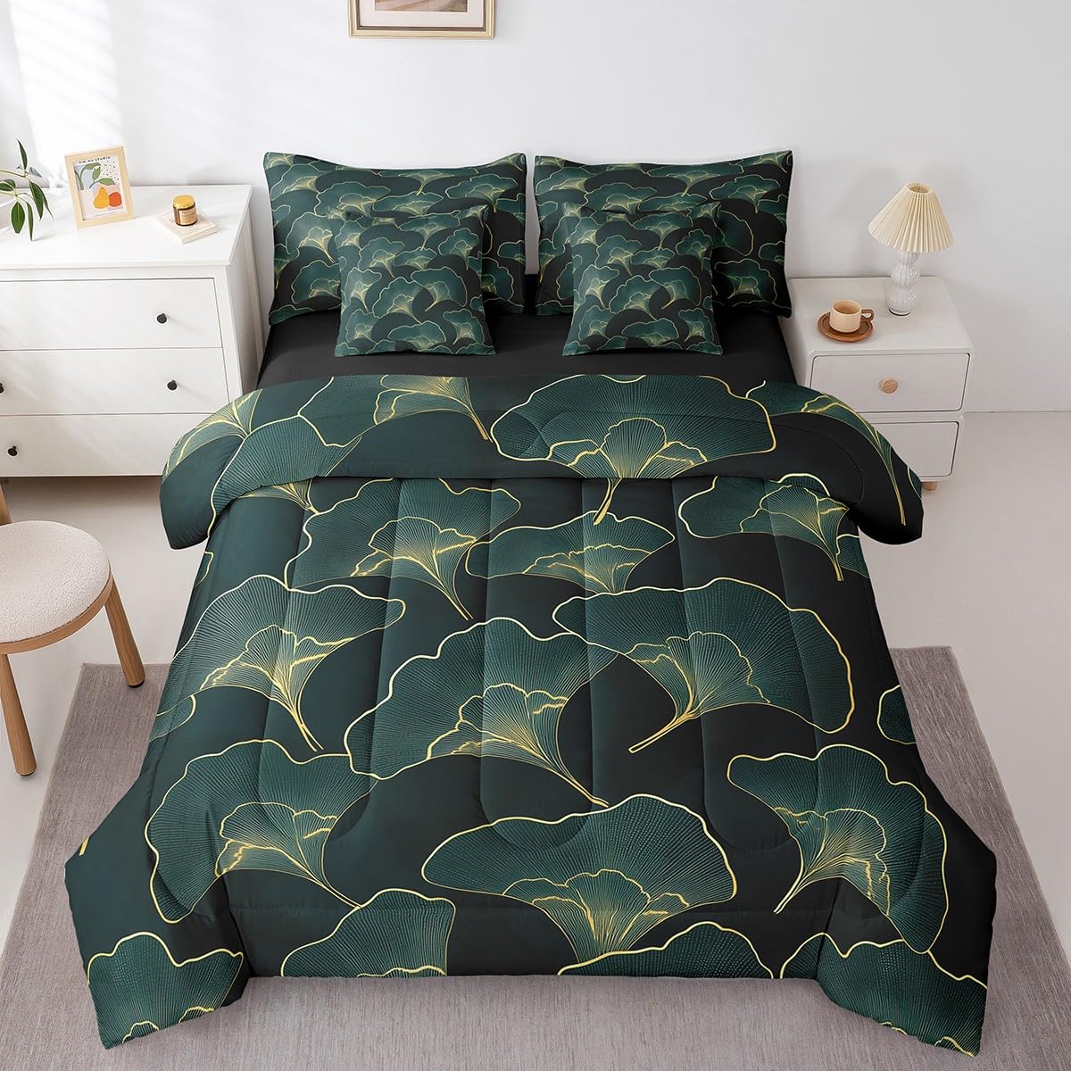 Erosebridal Ginkgo Leaves Comforter Set 7 Piece Bed in a Bag Twin,Golden Ginkgo Biloba Leaf Bedding Sets Botanical Sheet Set with Comforter,Jungle Plant Ginkgo Folium Bed Set