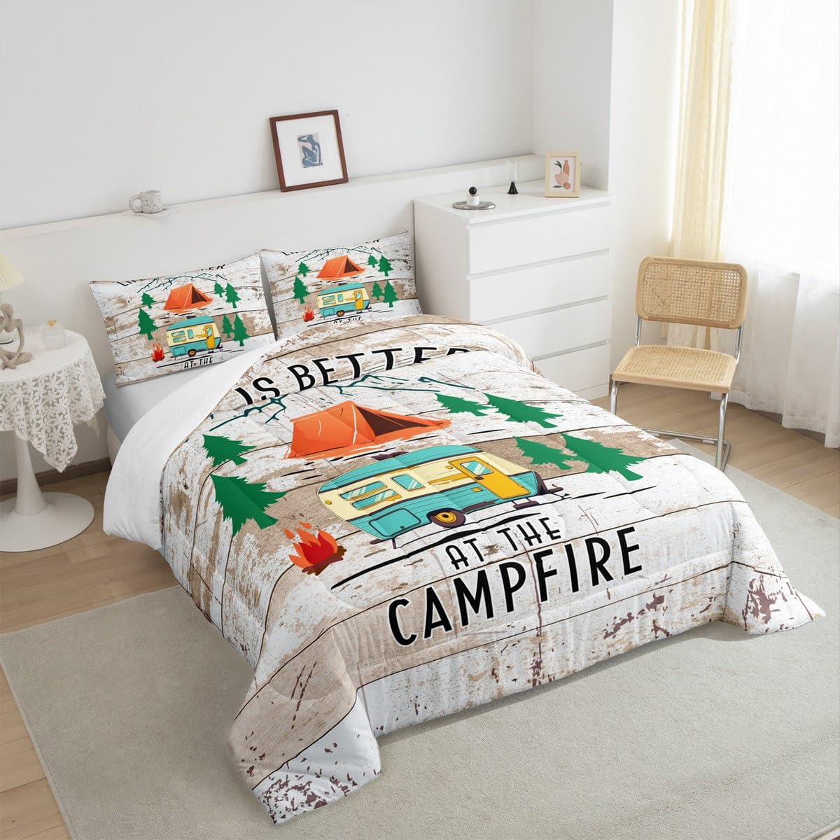 Erosebridal Camper Rv Bedding King,Happy Camping Comforter Set Campfire Decor Bed Sets Rustic Wooden Plank Duvet Insert 3 Pieces
