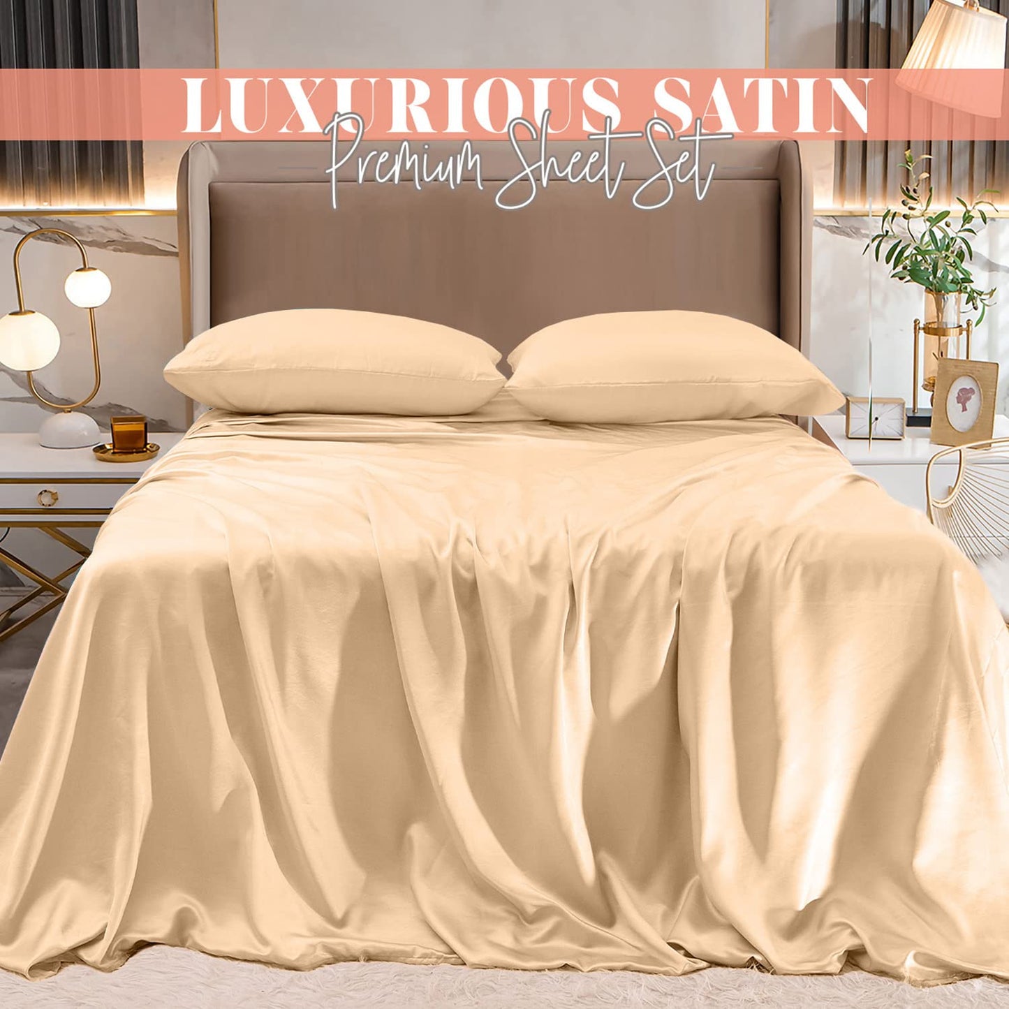 Elegant Comfort Luxurious 4-Piece Silky Satin Sheet Set, Skin and Hair Friendly, Wrinkle, Fade, Stain Resistant with Deep Pockets Fitted Sheet, Cooling Soft Satin Sheet Set, Twin XL, Champaign
