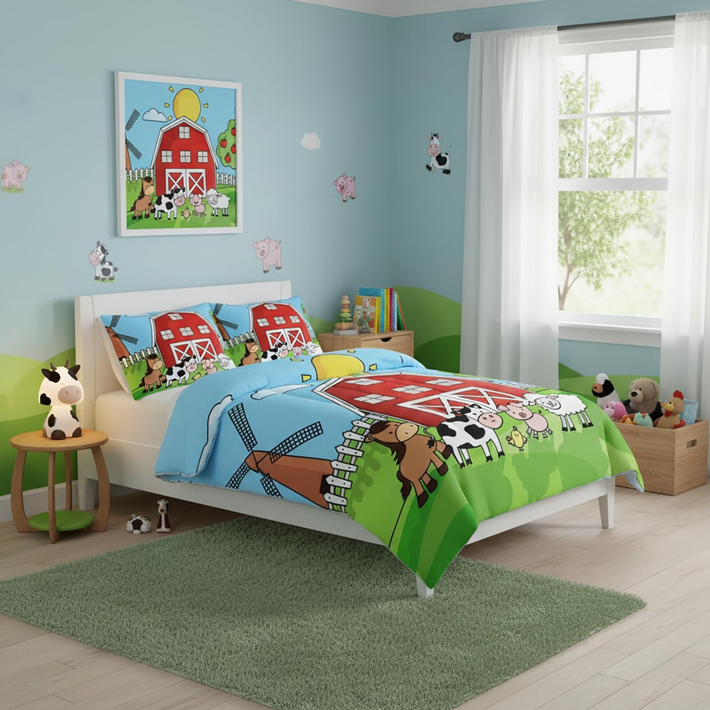 QOOMO Farm Animals Comforter,Farmhouse Comforter Set for Kids Teens Girls Boys,Cartoon Animals 3Pcs Bedding Set Printed Comforter with 2 Pillowcases,Down Alternative,Soft and Lightweight，Queen Size