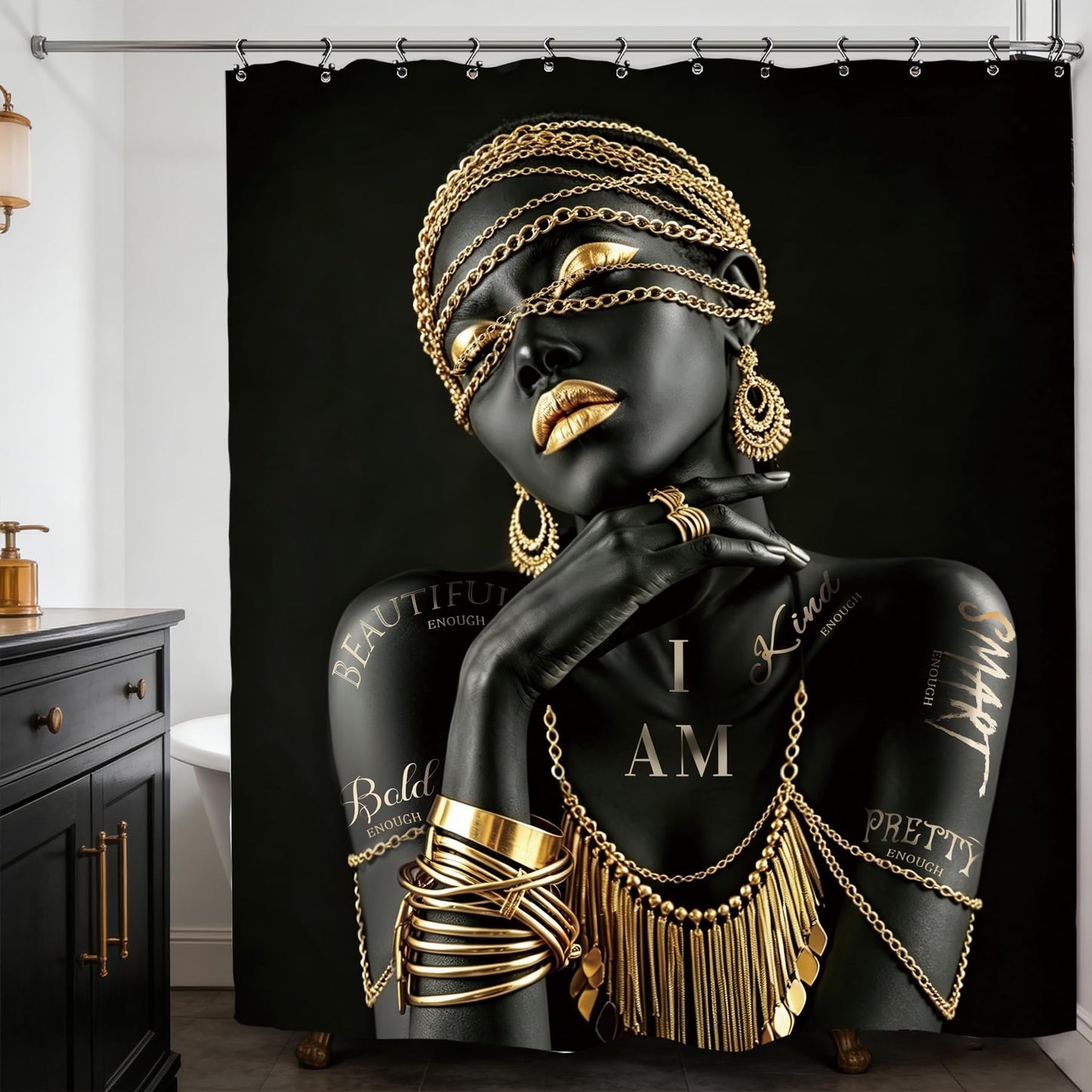 Yookeb African American Flower Bathroom Shower Curtain 60W by 71H Inch Black Gold Girl Woman Sexy Quotes Inspirational Motivational Positive Polyester Fabric 12 Hooks Waterproof Decor
