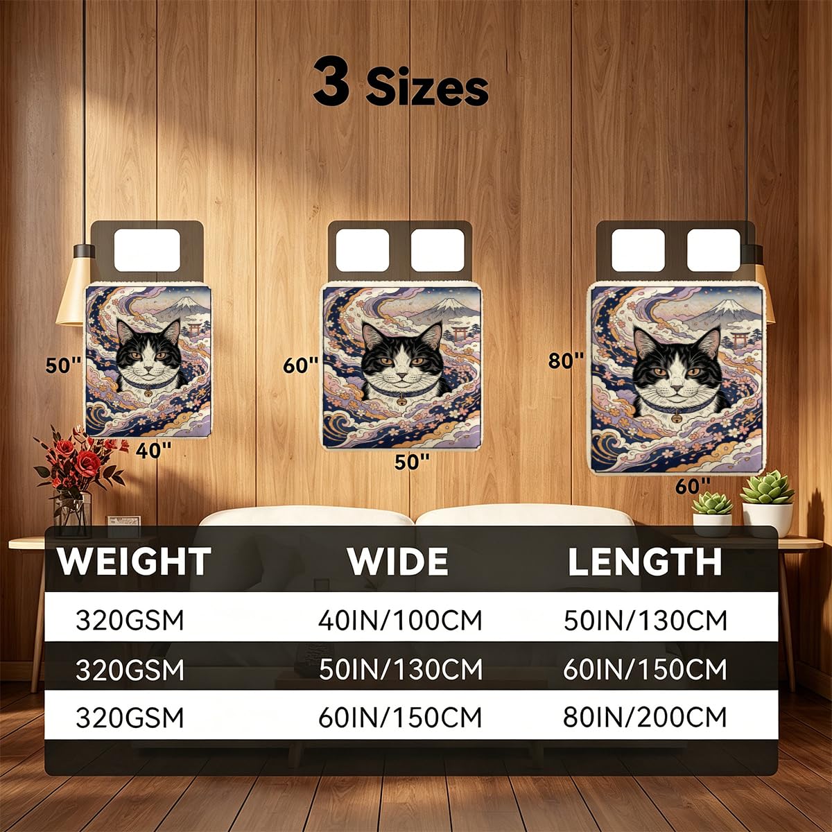 Yujiiso Japanese Ukiyo-E Tuxedo Cat Blanket Soft Throw Blanket 50" x 60"