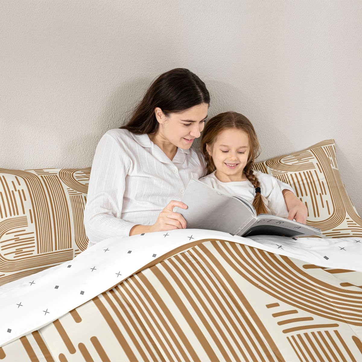 Feelyou Orange Modern Abstract Bedding Set Soft for Boys Girls, Boho Rainbow Comforter Set Queen Size Bohemian Geometric Duvet Quilt Microfiber Bedroom Decor 3 Pcs with 2 Pillow Cases