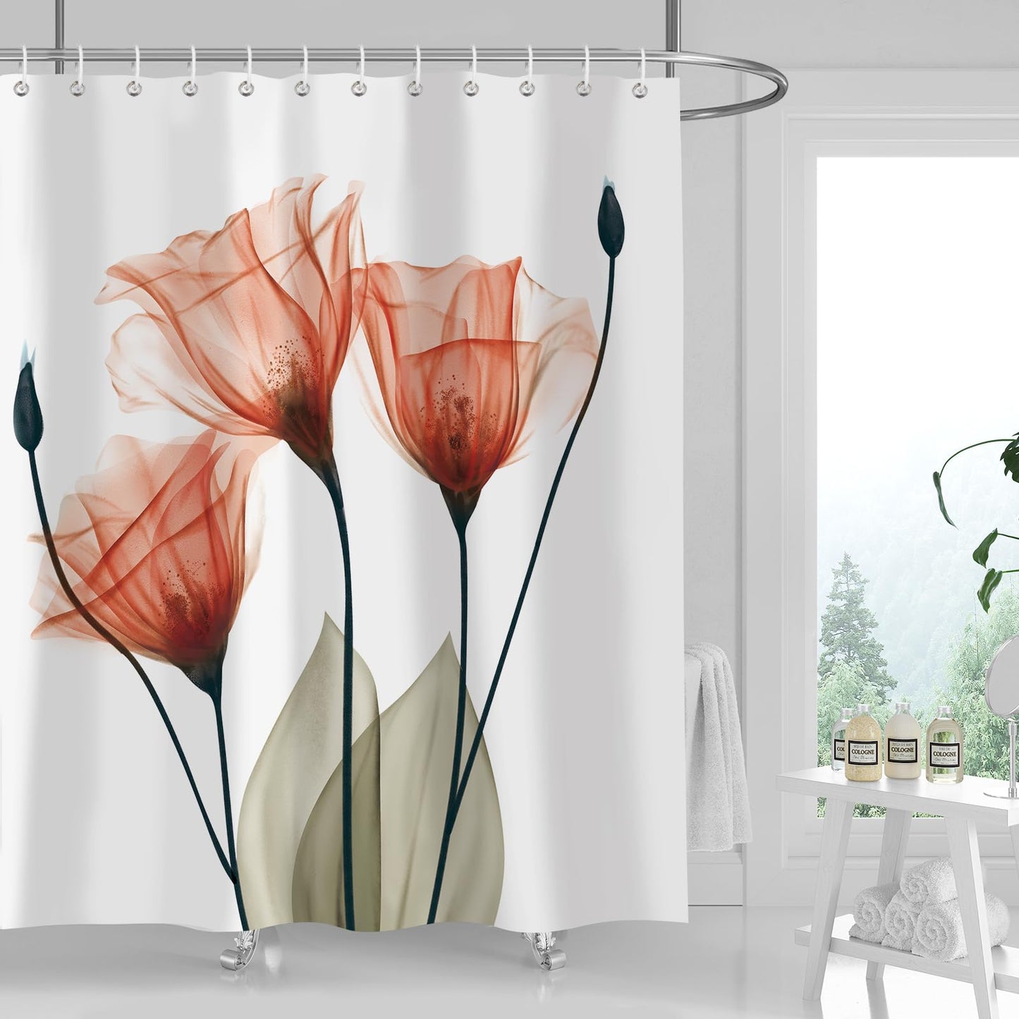 ZCHOMI Orange Floral Shower Curtain Watercolor Tulip Flower Shower Curtains for Bathroom Waterproof Polyester Fabric Bathroom Curtain 72 x 72 Inch with 12 Hooks