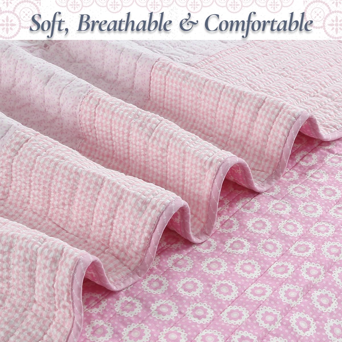 Cozy Line Home Fashions Pink Floral Quilt Set – 100% Cotton Reversible Bedding, Lightweight All-Season Bedspread Coverlet for Girls Kids Room, Queen Size