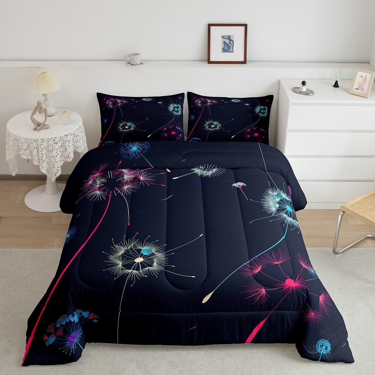 Erosebridal Dandelion Quilt with Flat Fitted Sheet Colorful Dandelion Bed in A Bag 7 Piece Twin Fantasy Flying Fluffy Petals Plant Comforter Set Rustic Farmhouse Floral Bedding Sets