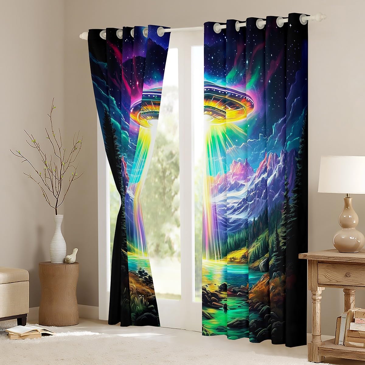 Feelyou Kids Spaceship Curtains,Alien Spaceship Window Curtains for Bedroom Living Room,Rainbow Spaceship Outer Space Window Drapes,Soft Blackout Curtains, 42W X 84L,2 Panels