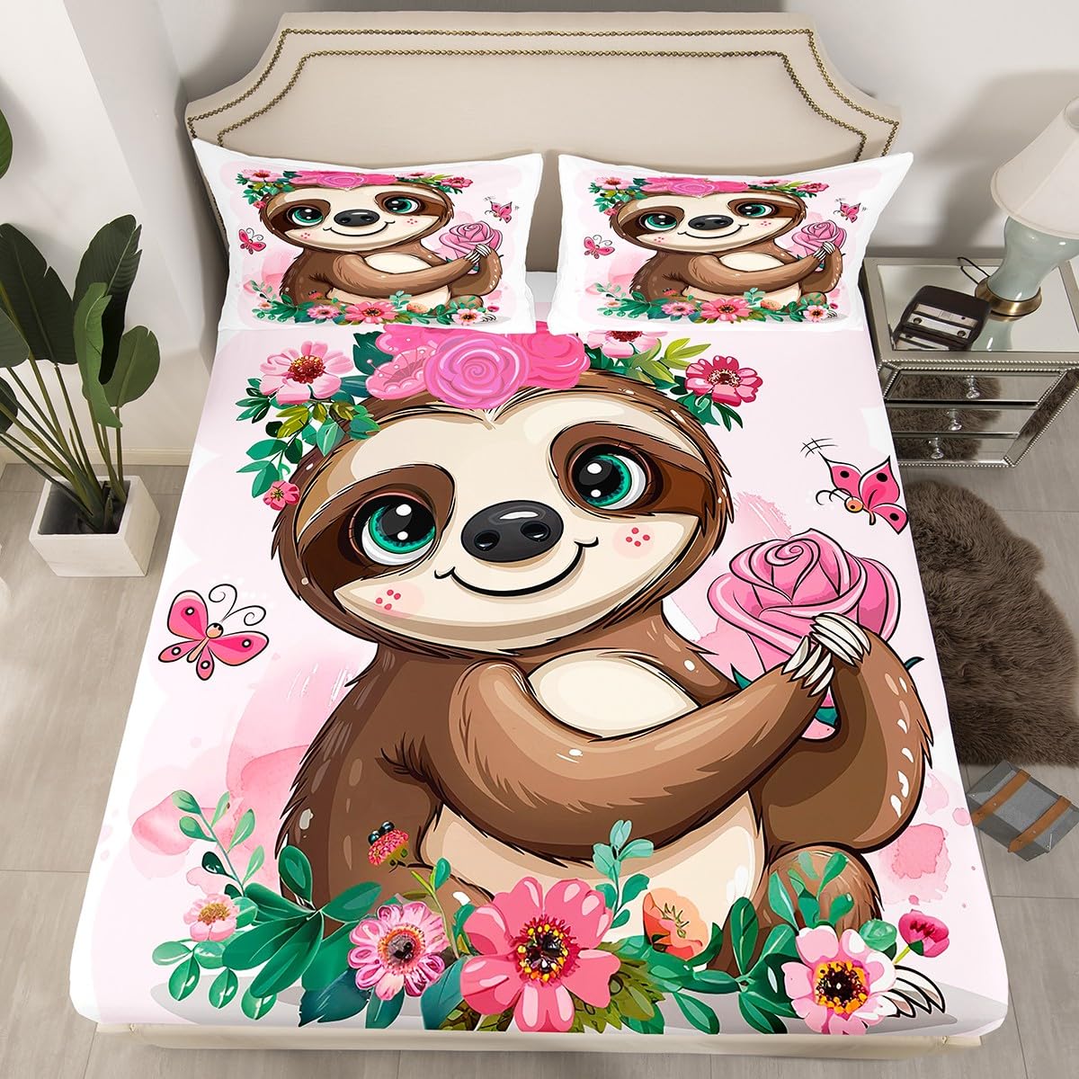 Feelyou Girls Sloth Bed Sheet Set for Kids Children Cute Animal Pattern Fitted Sheet Rose Floral Flowers Bedding Set Cartoon Sloth Butterfly Bed Cover Room Decor Twin Size