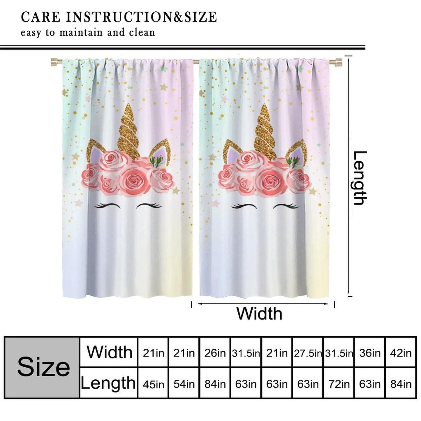 YCness Girls Unicorn Curtains Ombre Rainbow Pink Art Printed Window Drapes for Kids Children Nursery Playroom Room Decor Fabric Set 2 Panel 42x45 Inch 30% Shading Rate