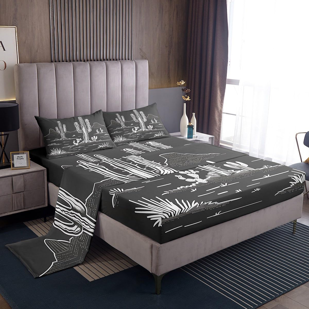 jejeloiu Western Bed Sheets Set Queen Size Desert Cactus Bed Set Gray Deep Pocket Fitted Sheet Vintage Southwest Breathable Soft Lightweight Microfiber