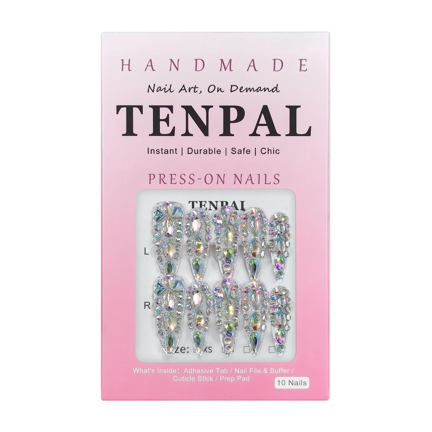 TENPAL 10Pcs Luxury Press On Nails Long Stiletto,Full Cover Crystal Glitter Fake Nail Set with Tools,Reusable Bride Wedding Nails for Bridal Party Bachelorette,Statement Making Glamorous Nail(XS)