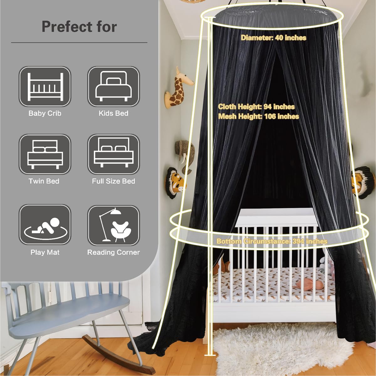 ZXPLO 40"x 106" Bed Canopy for Girls & Adults, Double Layer Princess Round Dome Bed Curtain Canopy Drapes, Dreamy Mosquito Net Reading Nook, Bedroom Decoration (Black)