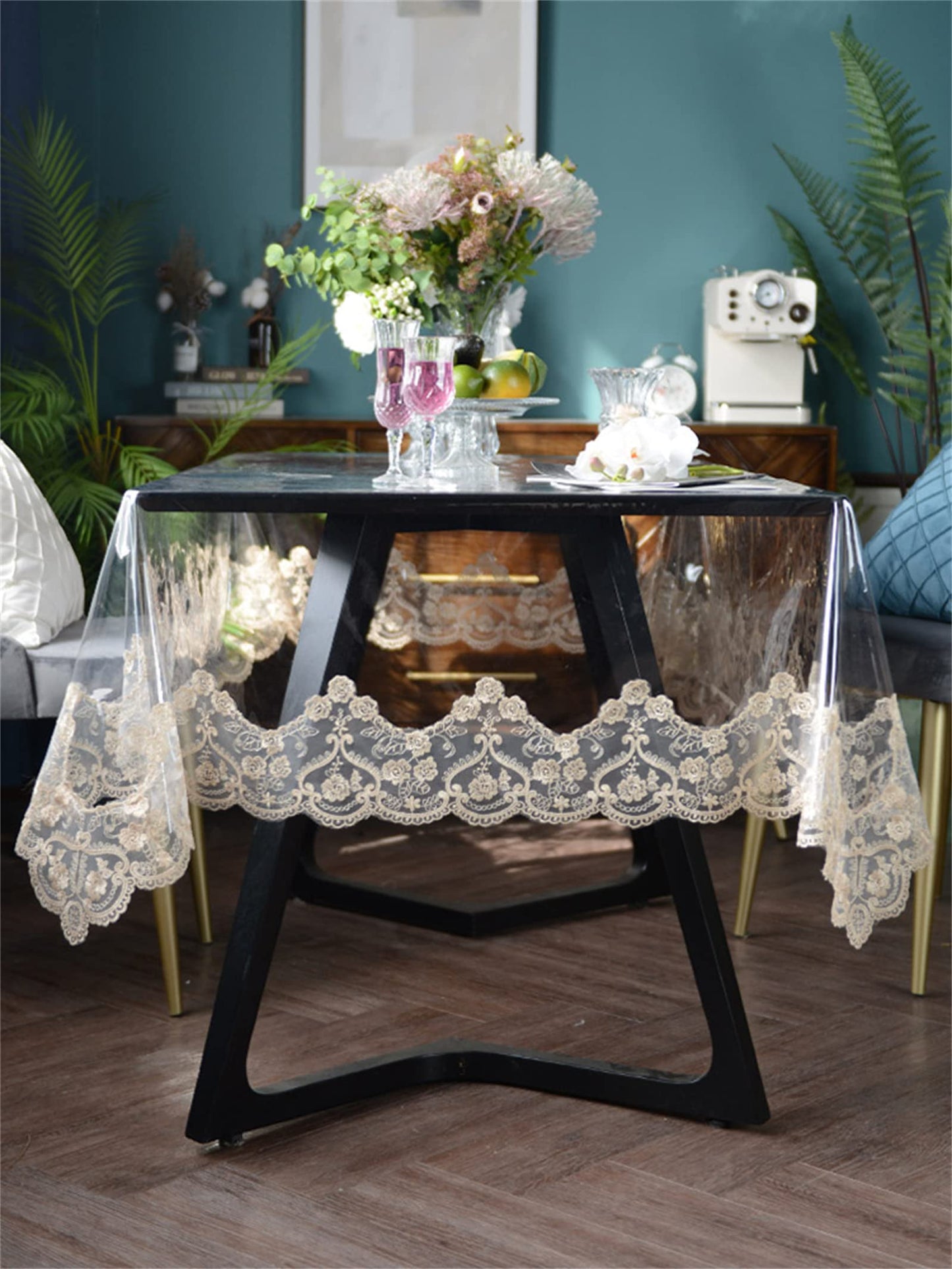 Dimatic Clear Plastic Waterproof Tablecloth, Vinyl PVC Rectangle Table Cloth with Lace Macrame, Oil Spill Proof, Table Cover for Dining Tables, Parties and Holidays (Beige, 60 x 98 Inch)