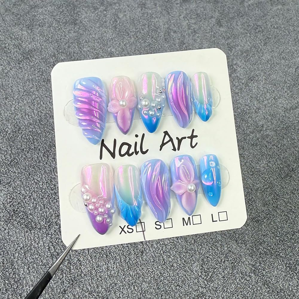 Handmade Press on Nails Almond Fake Nails Medium False Nail 3D Flower and pearl Embossed Sparkly Purple Artificial Nails for Women 10pcs (Size M）