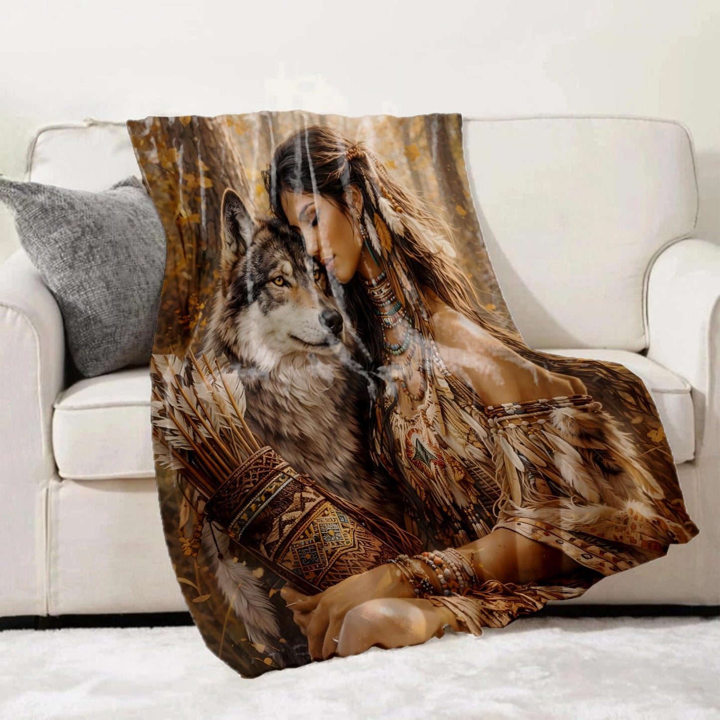 Turamurra Boho Native Woman Wolf Throw Blanket Gifts for Kids Women, Tribal Spirit Animal Forest Blankets for Home, Living Room, Bedroom Decor, Flannel Plush 50"x60"