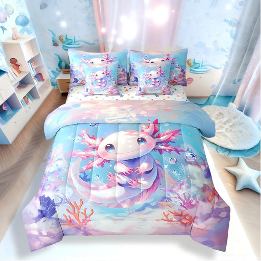 Erosebridal 7 Pieces Teen Girl Axolotl Bedding Set Queen Size - Kids Cute Axolotl Comforter Set with Sheets Cartoon Ocean Sealife Bed in A Bag with Flat Fitted Sheets Kawaii Salamander Bed Sets