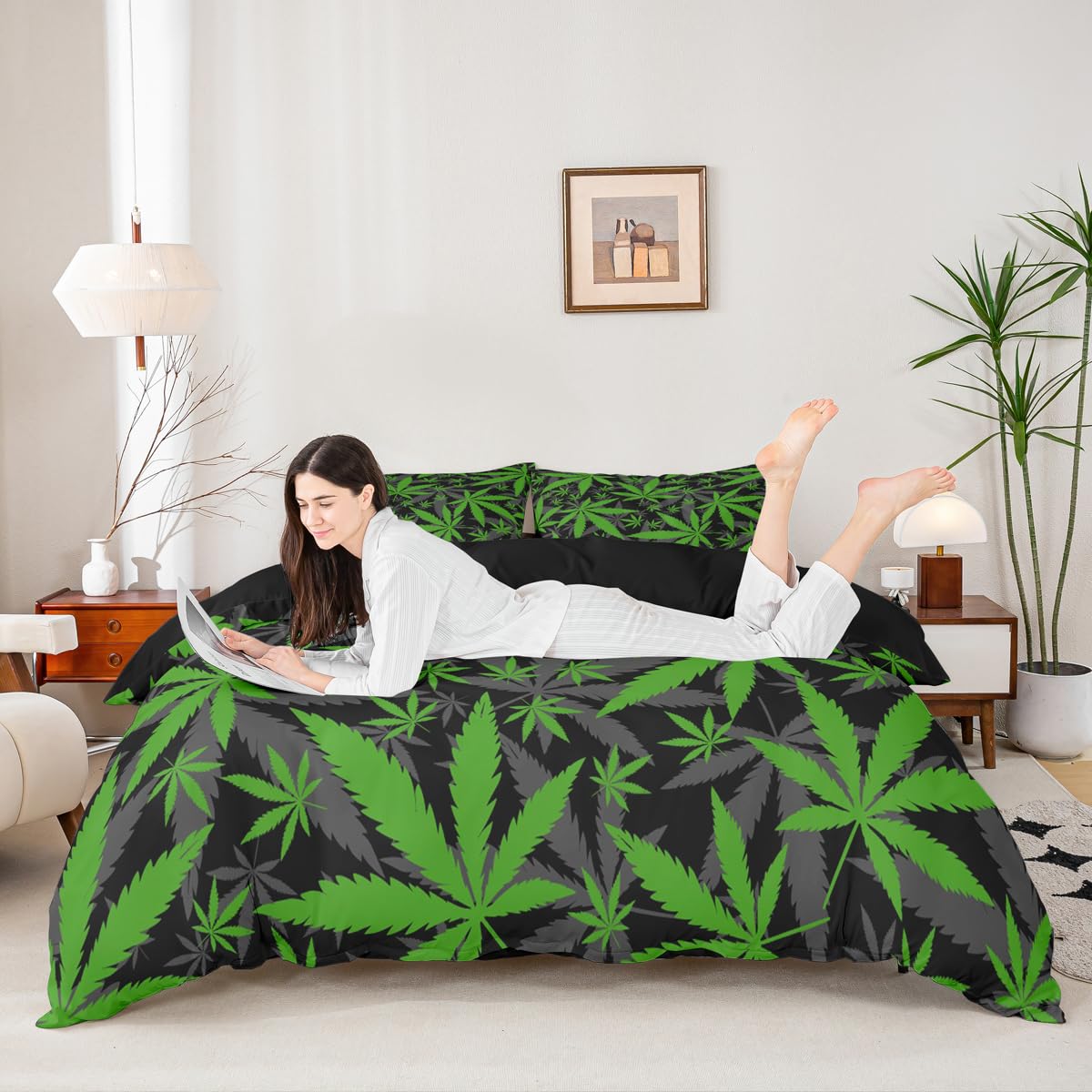 Marijuana Leaf Duvet Cover Teens Cannabis Print Comforter Covers Green Gray Botanical Branches Bedding Set for Boys Girls Youth Adults Queen with 2 Pillow Shams Marijuana Weed Leaves Bedspread Cover