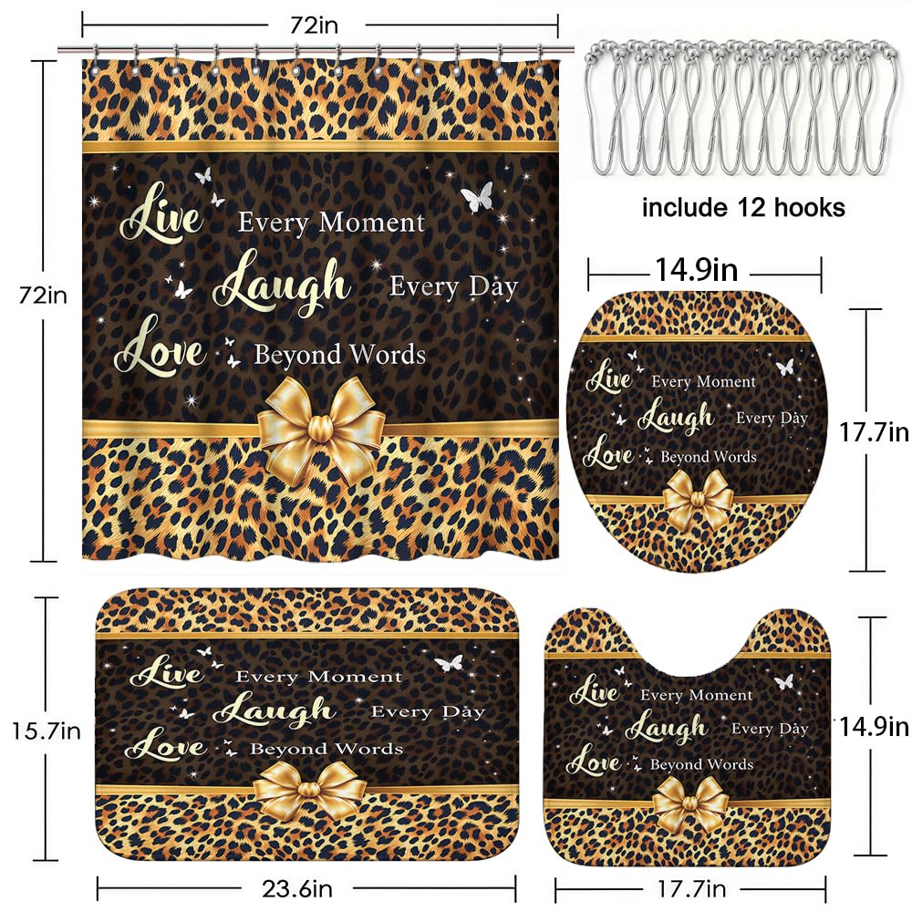 Waitaikong 4Pcs Live Laugh Love Leopard Print Shower Curtain Set, Glam Animal Print with Gold Bow Motivational Quote Bathroom Decor, Waterproof Fabric Bath Set with 12 Stainless Steel Hooks, 72x72