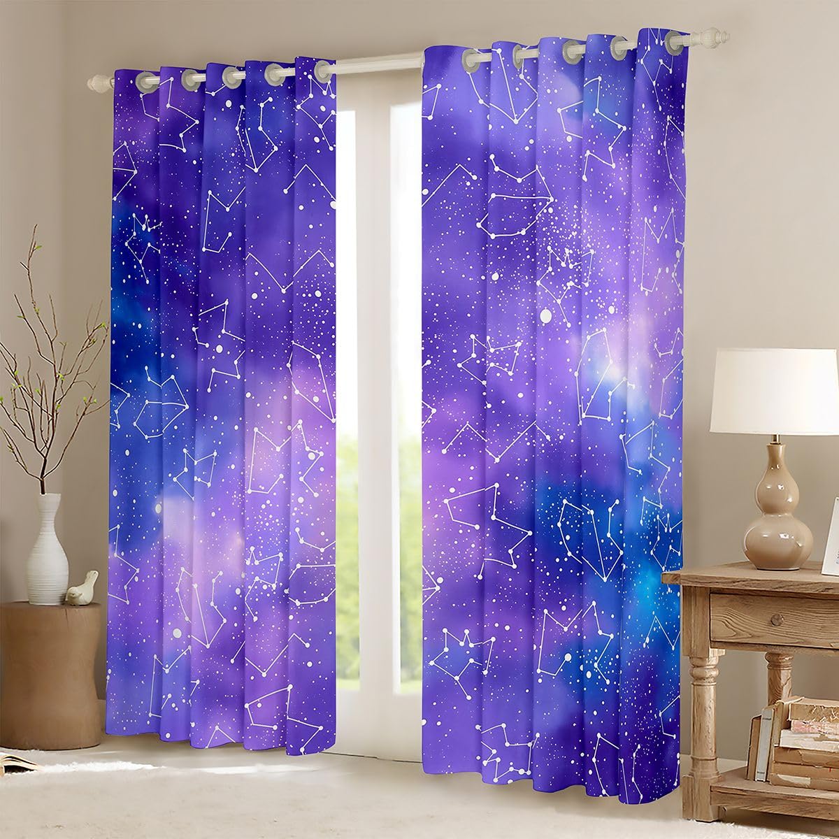 Feelyou Galaxy Deep Purple Curtains for Bedroom Living Room Golden Stars Glitter Blackout Darkening Drapes Tie Dye Pastel Window Treatments, 2 Panels 42 x 90 Inch Bling Party Decorations Room Decor