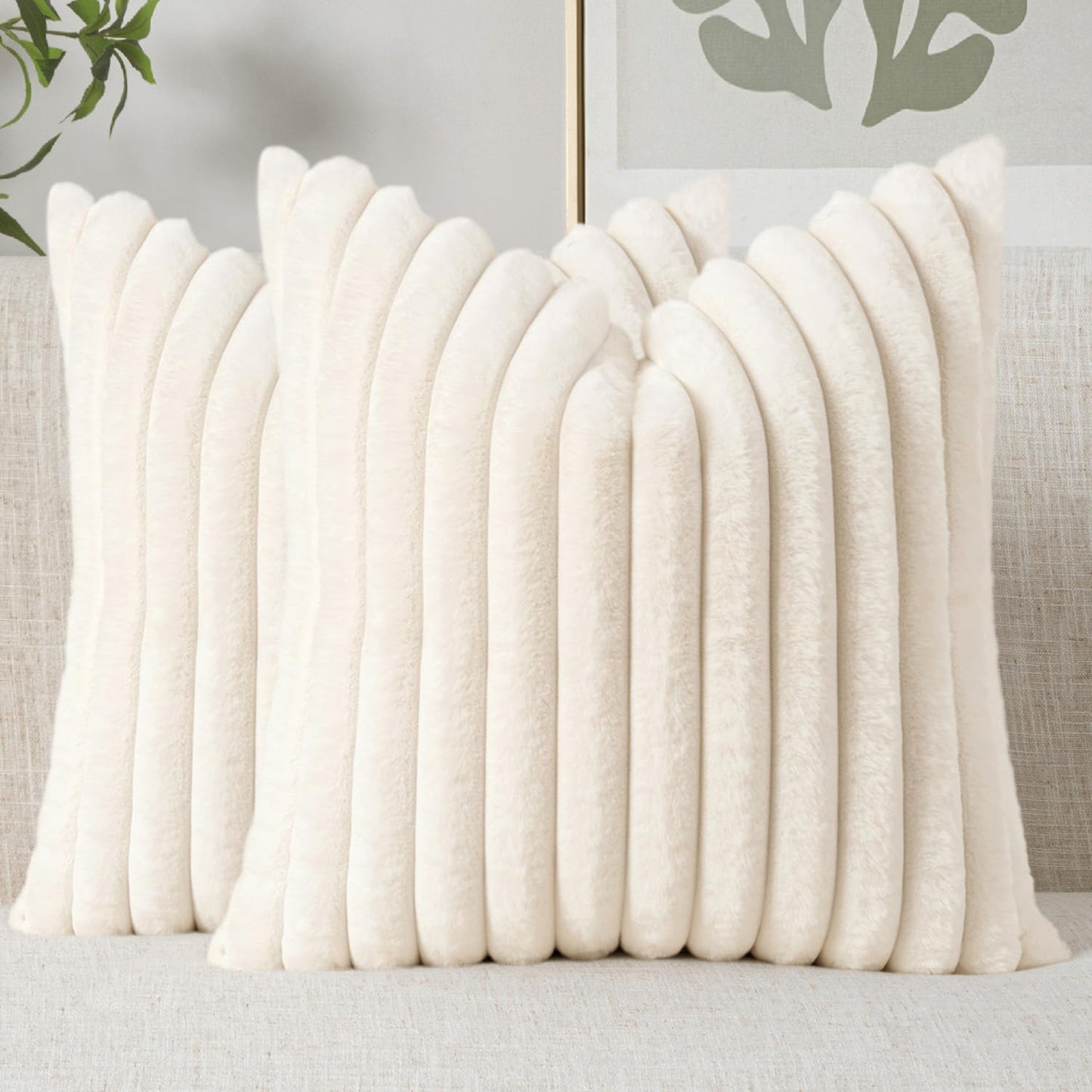 MIULEE Faux Fur Decorative Throw Pillow Covers 18x18 Inch Set of 2, Modern Spring Home Decor Soft Plush Couch Pillows Cozy Fluffy Cushion Covers for Sofa Bed Beige