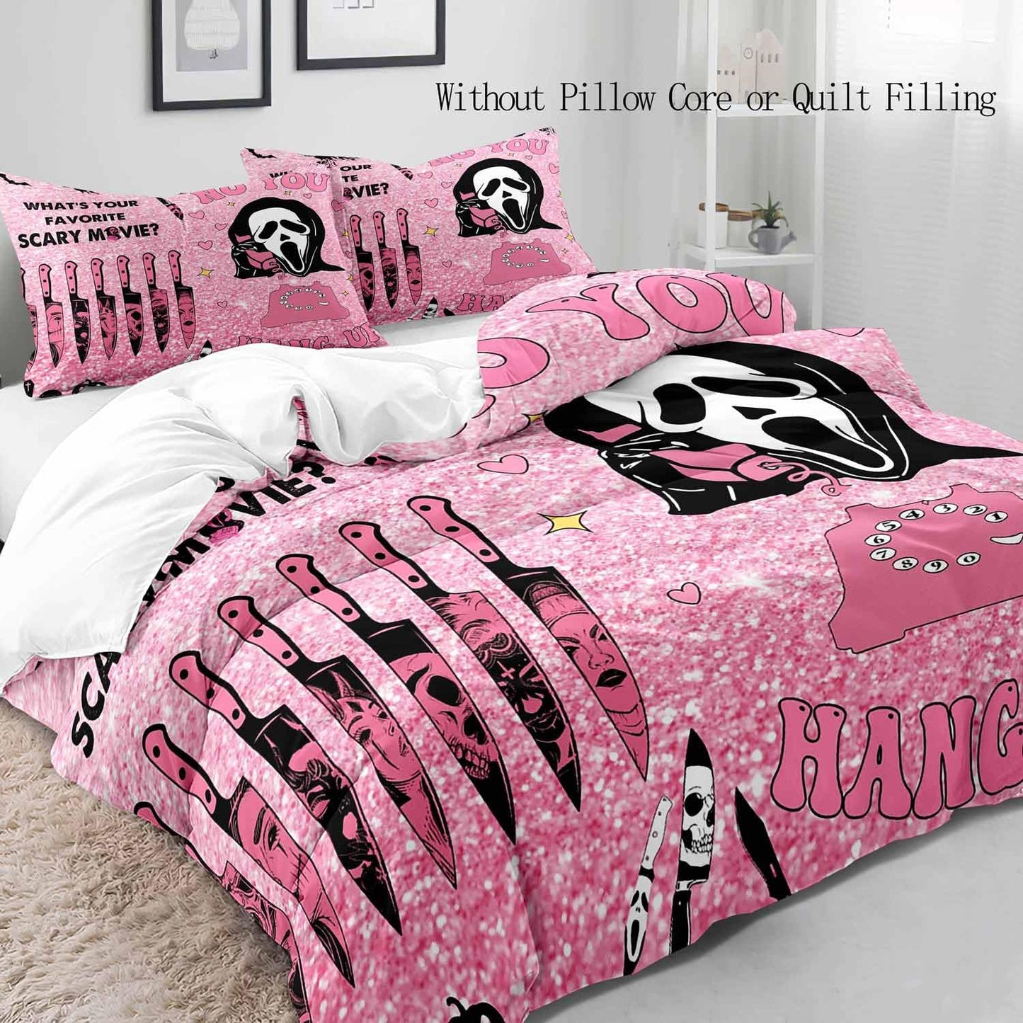 LUVIVIHOME 3PCS Funny Ghost Duvet Cover Queen Bedding Sets, Kids Teen Girls Bedding, Pink Duvet Cover, Gothic Spooky Scary Horror Scream Knife Skull Face Pink Halloween Comforter Cover, 2 Pillow Cases