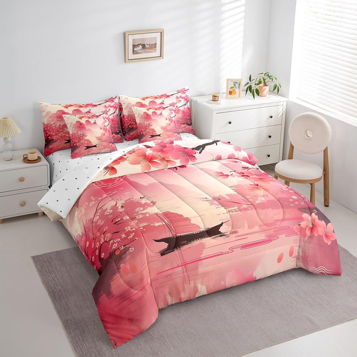 Erosebridal Pink Cherry Blossom Queen Bedding Set 7 Piece,Japanese Style Floral Bed Set for Kids Girls Women,Mountain Theme Oriental Aesthetic Comforter Set with Fitted Sheet,Flat Sheet,Pillowcases