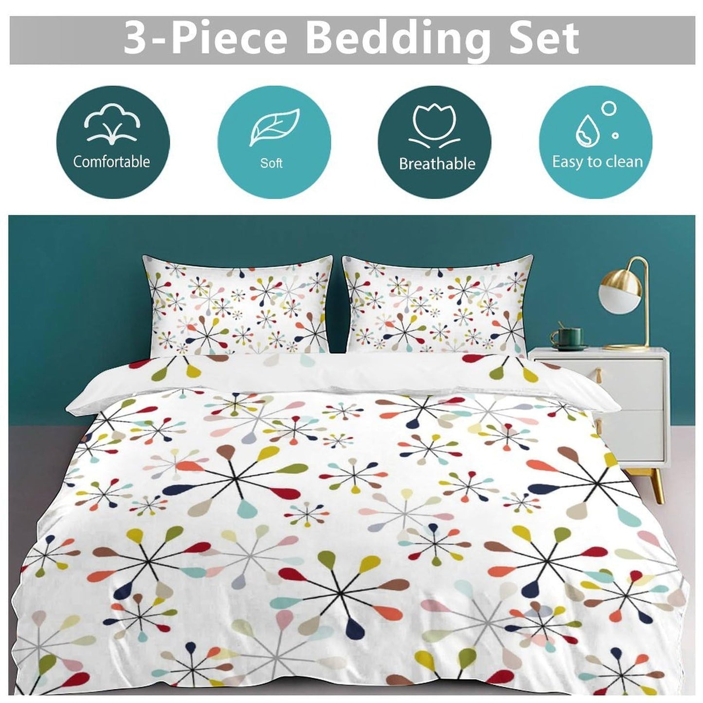 Lnepty Mid Century Bedding Set,Modern Geometric Atomic Abstract Iconic Pattern 1950s 1960s Retro Style Comforter Set with Pillowcase for Bedroom Bed Decor，Twin 86"x70"