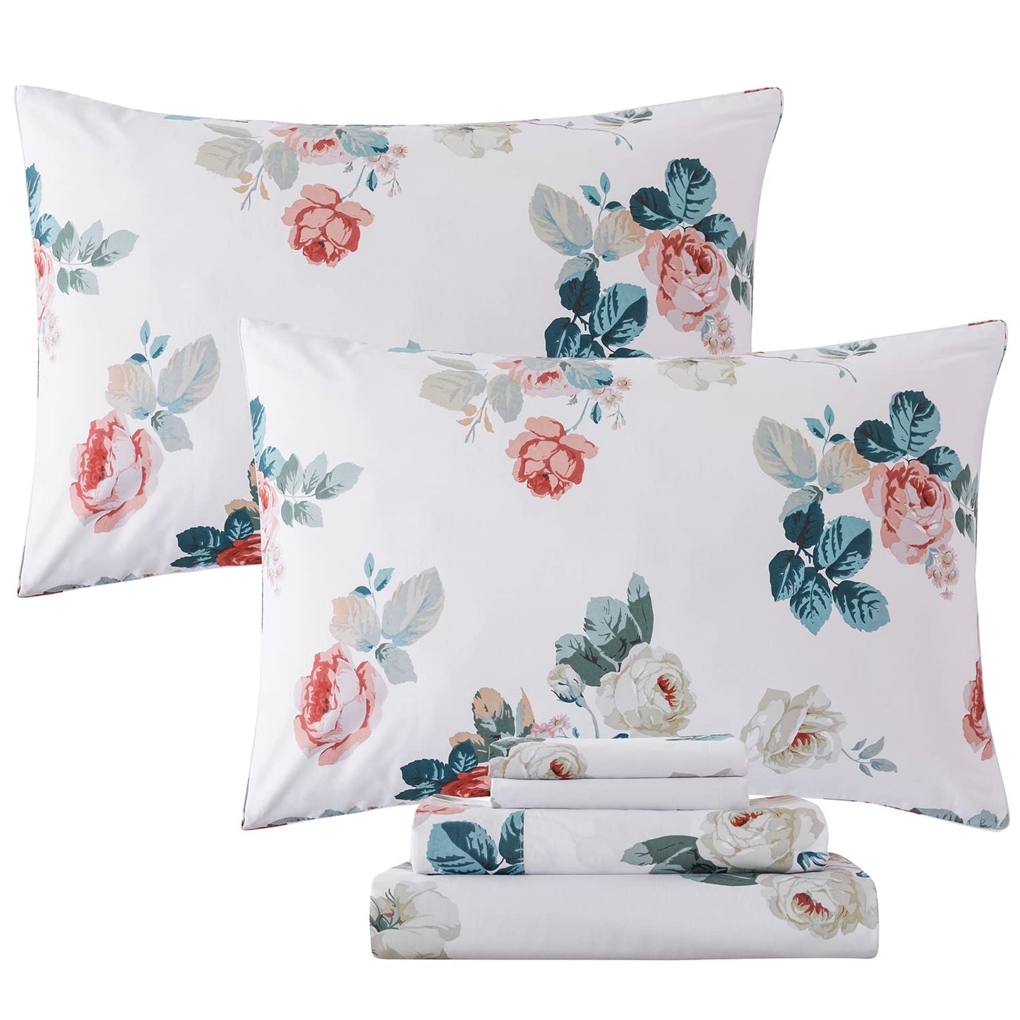 FADFAY Floral Cotton Sheets Queen 100% Cotton Flower Bed Sheets Pink White Dark Blue Leaf Print Shabby Vintage Sheet Set Chic Farmhouse Bedding Soft Crisp Breathable Deep Pocket Fitted Sheet 4Pcs
