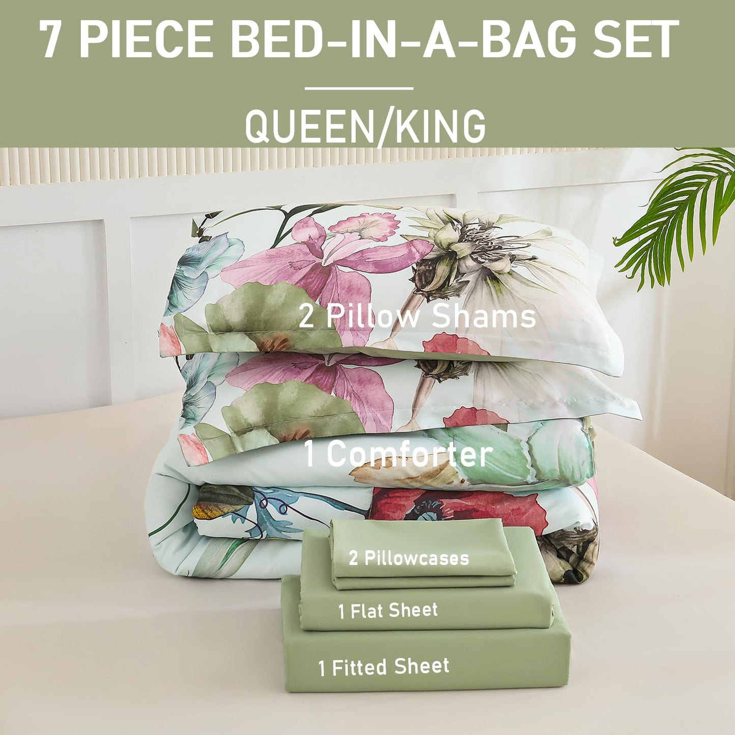 Yogeneg King Size Comforter Set 7 Piece Bed in a Bag,Elegant Floral Botanical Pattern Green Bedding Set,Soft Microfiber Comforter with Sheet Set,All Season Bed Set(Green Floral,King)