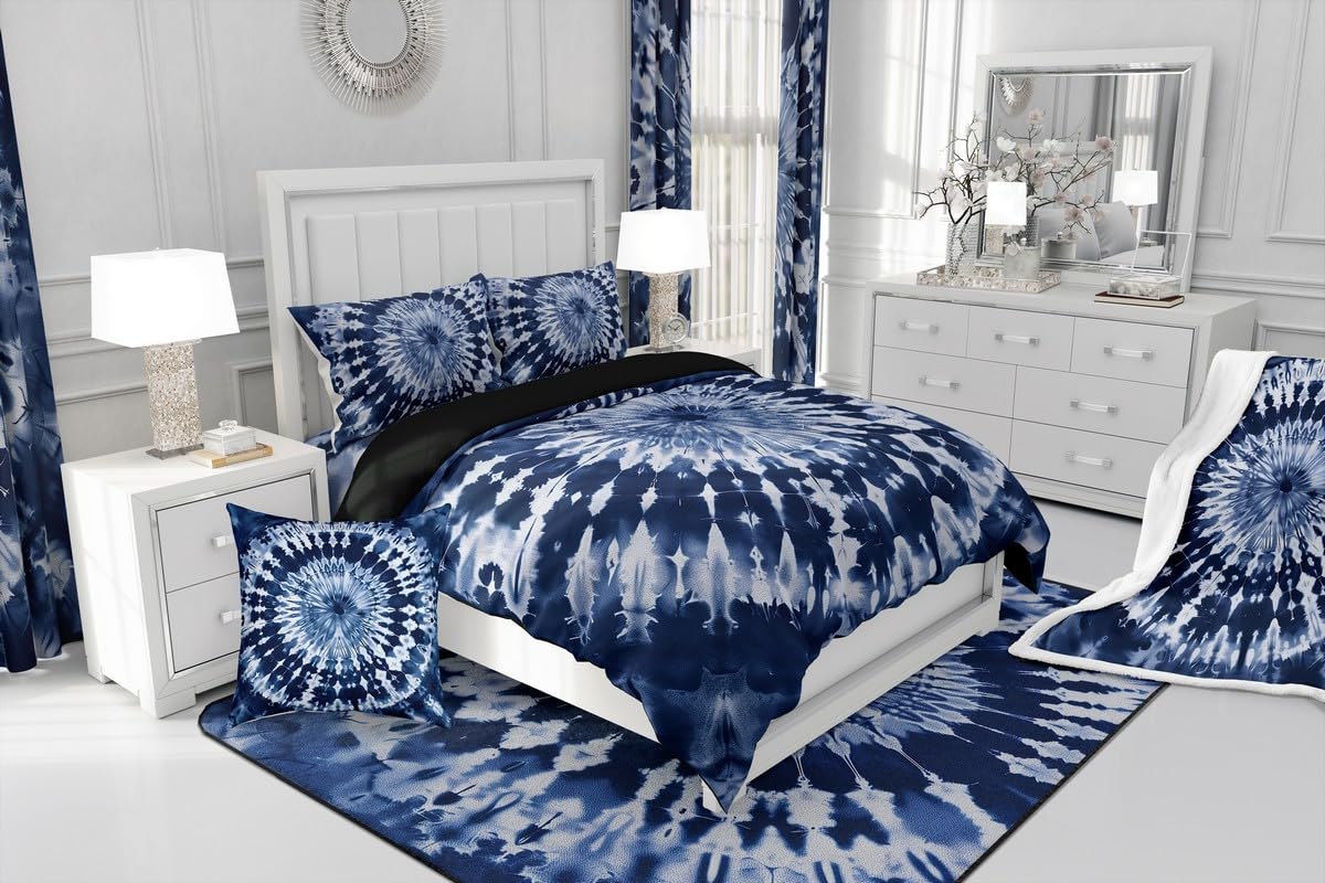 Erosebridal Tie Dye Comforter Cover Purple Spiral Swirl Duvet Cover Batik Gypsy Bedding Set Modern Abstract Pattern Quilt Cover, Navy Blue, Room Decorative 3 Pcs King Size, Lightweight