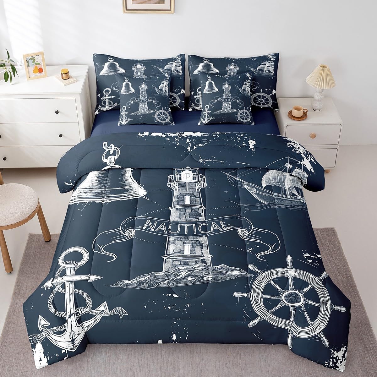 Erosebridal Nautical Theme Sketch Comforter Set 7 Piece Bed in a Bag Twin,Ocean Retro Sailboat Bedding Sets Pirate Boat Anchor Steering Wheel Compass Sheet Set with Comforter