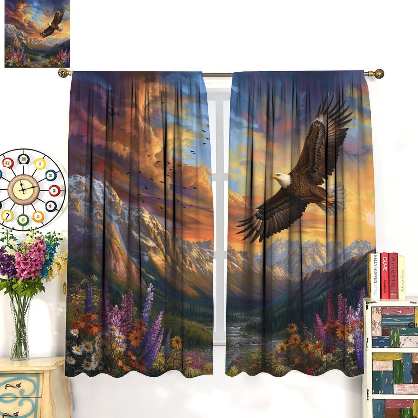 TOWINSFB Classic Mountain Garden Blackout Curtains, Nature Eagle Flower Landscape Home Decor Rod Pocket Window Drapes for Living Room Bedroom - 42" W x 63" L