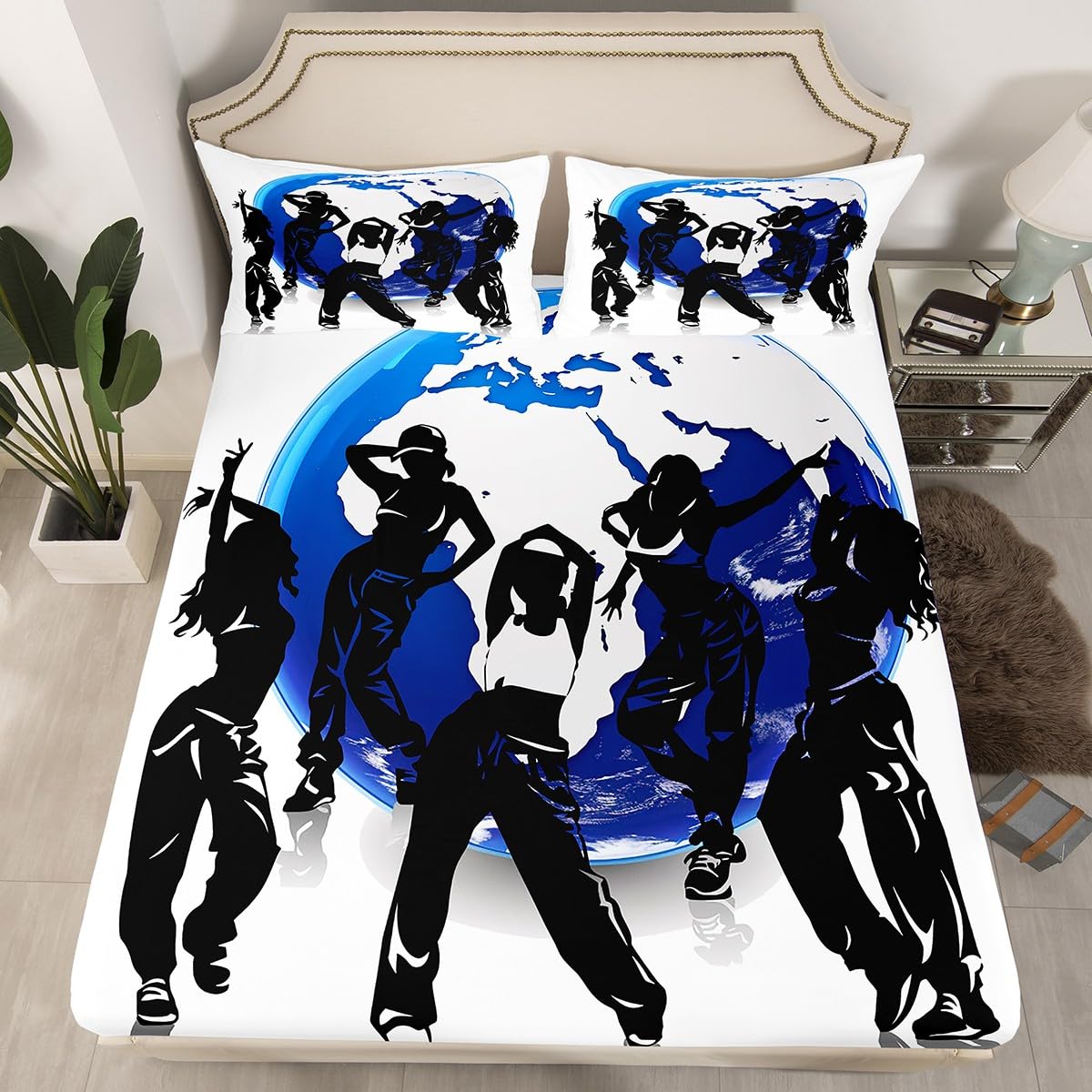 Manfei Hip-hop Sheet Set Dancing People Silhouettes Print Fitted Sheet Musical Theme Bedding Set 2pcs for Kids Boys Soft Polyester Bed Sheets (1 Fitted Sheet + 1 Pillow Case) Twin Size