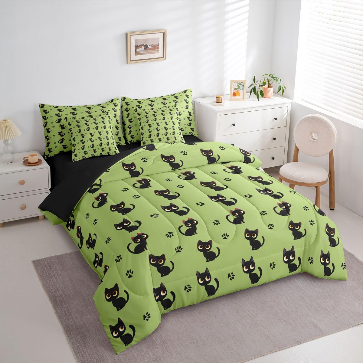 Cute Black Cat 7-Piece Bedding Set Full Size for Kids Boys Girls (Green Black) - Funny Cute Kitten Bed in a Bag Cartoon Black Cats Comforter Set with Sheets Kawaii Cat Paw Print Duvet Insert