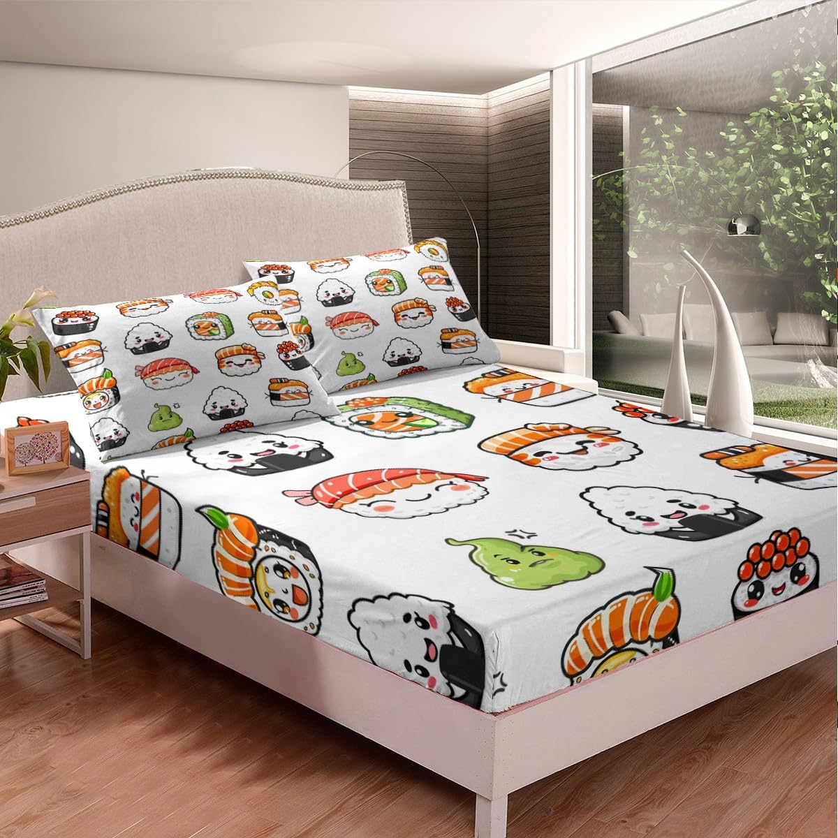 Sushi Pattern Bedding Set Queen Size Kids Cute Bed Sheet Set for Girls Teens Bedroom Decor Cartoon Japanese Style Fitted Sheet Soft Microfiber Kawaii Bed Cover (1 Fitted Sheet + 1 Pillow Case)