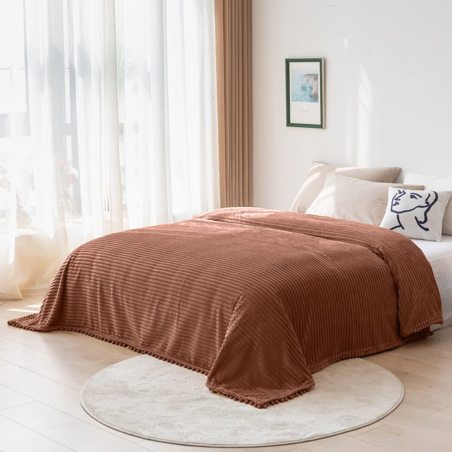 DISSA Fleece Blanket Throw Size – 51x63, Caramel – Soft, Plush, Fluffy, Fuzzy, Warm, Cozy – Perfect Throw for Couch, Bed, Sofa - with Pompom Fringe - Flannel Blanket Throw Blanket