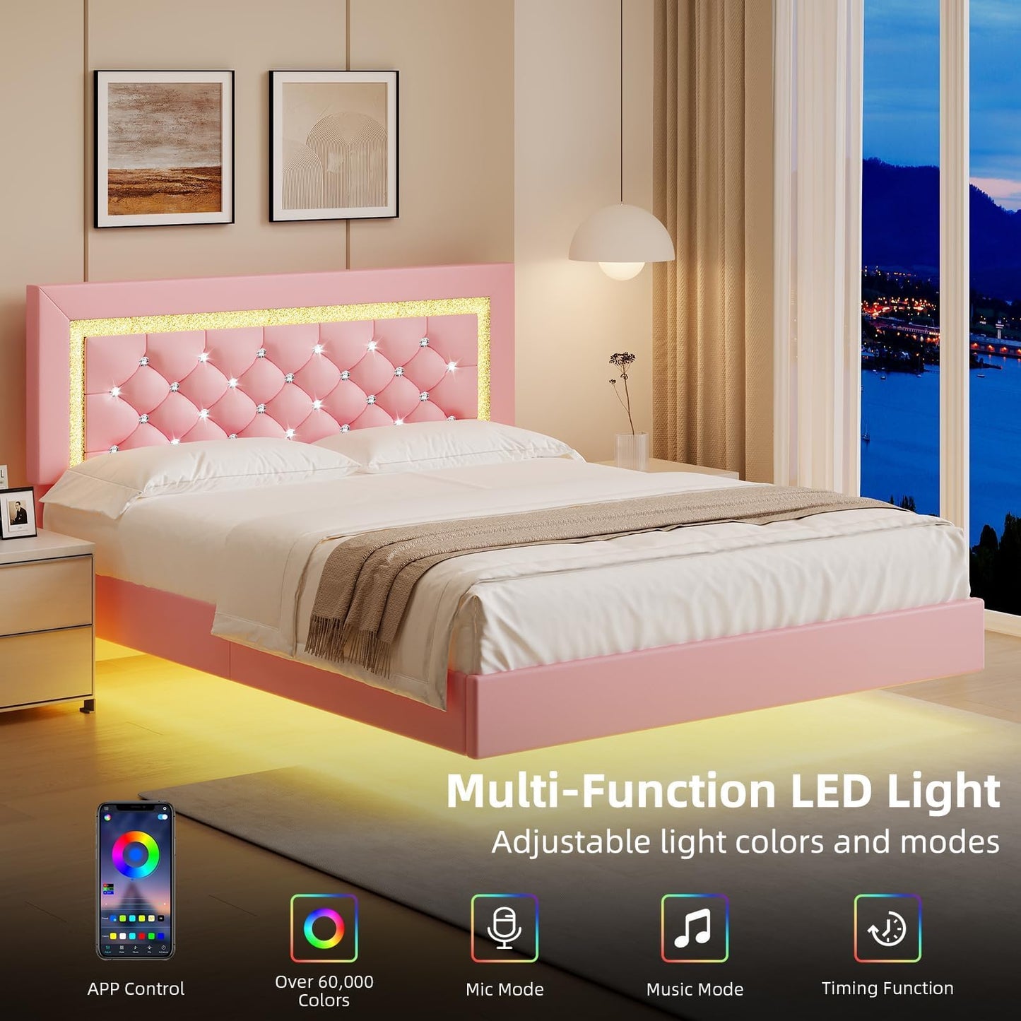 BarnFurin Floating Bed Frame Full with LED Lights, Upholstered Bed Frame with Diamond Headboard, No Box Spring Needed, Noise Free, Easy Assembly, Pink