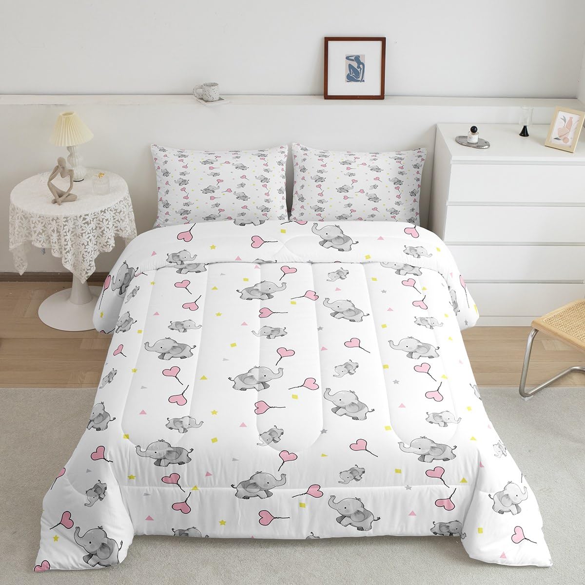 Erosebridal Lovely Elephant Comforter Set for Kids Girls Boys Teens Bedroom,Love Heart Down Comforter for All Season, Kawaii Animal Bedding Set, Cartoon Style Triangle Quilt Full Size