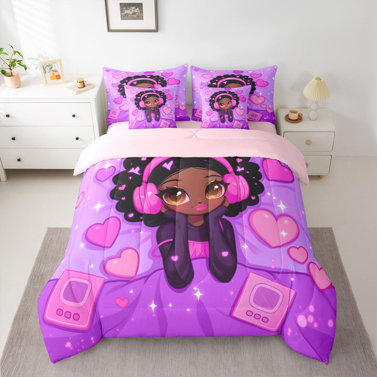 Erosebridal Anime Black Girls Queen Bedding Set Kawaii Pink Headphones Girl Comforter Set with Flat and Fitted Sheet Kids Teen Aesthetic Heart 7-Piece Bed in a Bag Music Theme Quilt Sets
