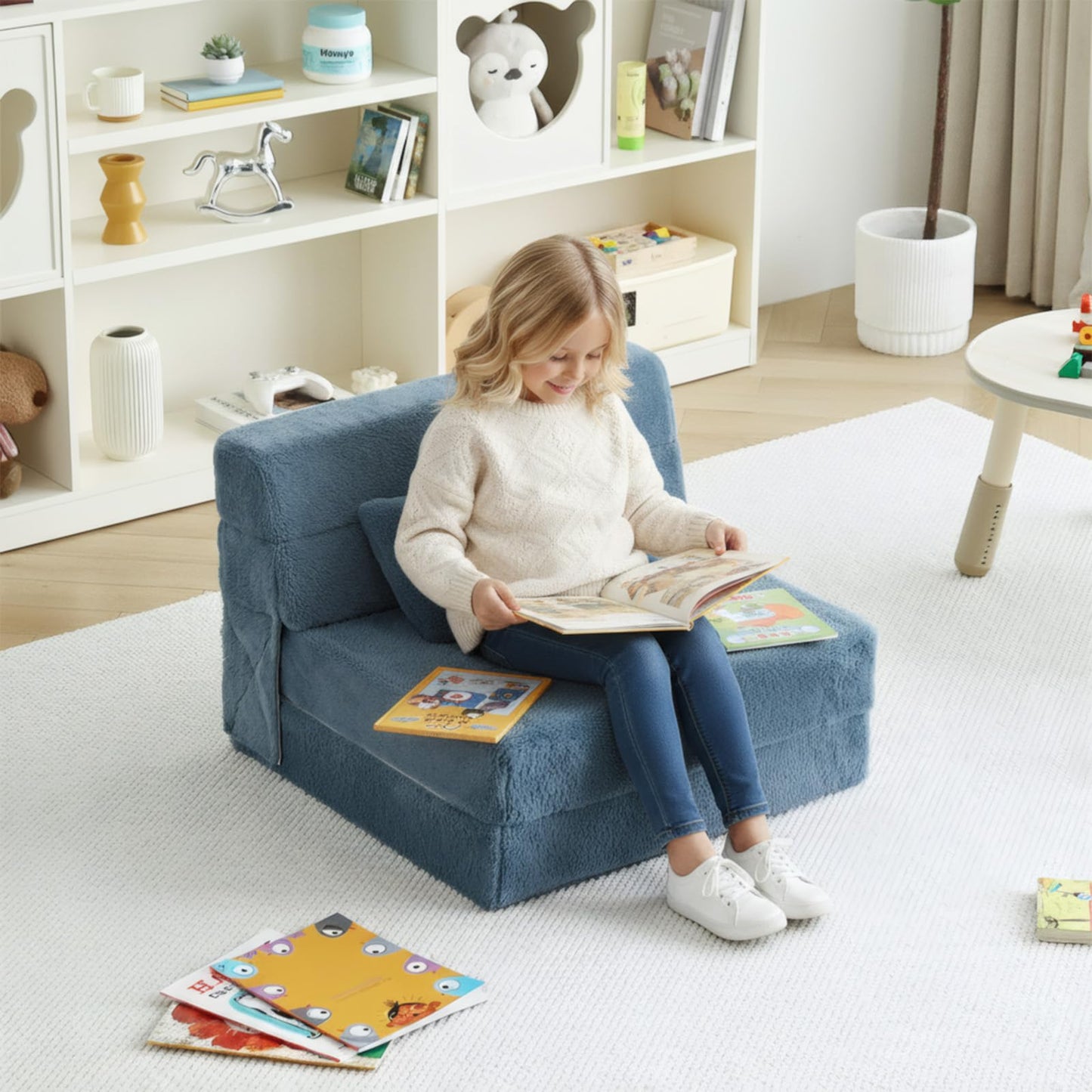 Tiita Convertible Folding Kids Sofa Bed with Pillow & Storage Bag, Plush Fabric Floor Mattress Couch Bed, Washable Cover, Kids Room, Playroom, Dorm, Apartment, Blue Grey