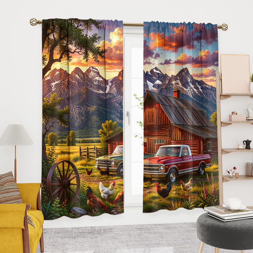 KuracleGH Vintage Farmhouse Wheel Truck Rod Pocket Curtains-Cabin Autumn Mountain Sunset Blackout Curtains & Drapes for Bedroom,Rustic Farm Animal Rooster Window Curtain,2pcs,Each 21“W x 45”L