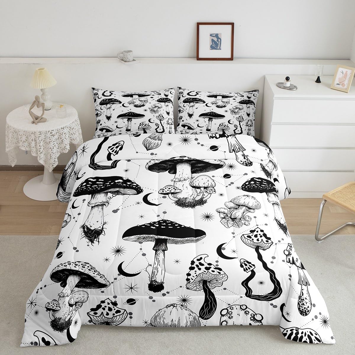 Castle Fairy Wild Mushroom Comforter Set Full Size,Abstract Sun Moon Starry Bedding Set Gothic Plants Quilt Set for Kids Boys Teens Room Decor,Black White Sketch Style Duvet Insert with 2 Pillowcases